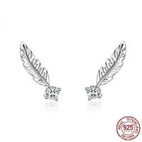 925 Sterling Silver Stud Earring, Feather, platinum plated, micro pave cubic zirconia 