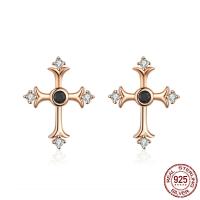 925 Sterling Silver Stud Earring, Cross, 18K rose gold plated, micro pave cubic zirconia 