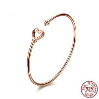 925 Sterling Silver Cuff Bangle, Heart, rose gold color plated, for woman, 2mm 