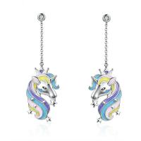 925 Sterling Silver Drop Earring, Unicorn, platinum plated, micro pave cubic zirconia & enamel 