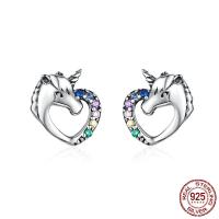 925 Sterling Silver Stud Earring, Unicorn, oxidation, micro pave cubic zirconia & for woman 