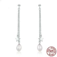 Sterling Silver Pearl Drop Earring, 925 Sterling Silver, with Freshwater Pearl, platinum plated, for woman 60mm 