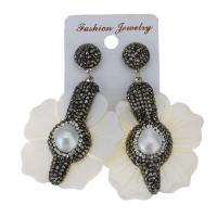 Rhinestone Clay Pave Drop Earring, with rubber earnut & White Shell, for woman, black, 65mm 