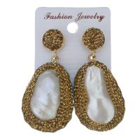 Rhinestone Clay Pave Drop Earring, with rubber earnut & Freshwater Pearl, for woman, gold, 55mm 