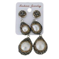 Rhinestone Clay Pave Drop Earring, with rubber earnut & Freshwater Pearl, for woman, black, 67mm 