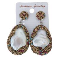 Rhinestone Clay Pave Drop Earring, with rubber earnut & Freshwater Pearl, for woman, gold, 55mm 