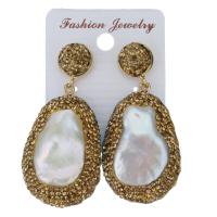 Rhinestone Clay Pave Drop Earring, with rubber earnut & Freshwater Pearl, for woman, gold, 54mm 