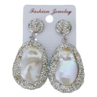 Rhinestone Clay Pave Drop Earring, with rubber earnut & Freshwater Pearl, for woman, white, 56mm 