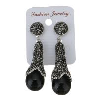 Rhinestone Clay Pave Drop Earring, with Shell Pearl & rubber earnut, for woman, black, 60mm 