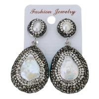 Rhinestone Clay Pave Drop Earring, with rubber earnut & Freshwater Pearl, for woman, black, 52mm 
