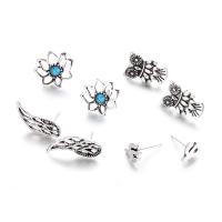 Zinc Alloy Stud Earring Set, with turquoise, silver color plated, 4 pieces & for woman & hollow    