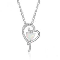 Sterling Silver Jewelry Necklace, 925 Sterling Silver, with Opal, Heart, plated, for woman & with rhinestone, silver color 