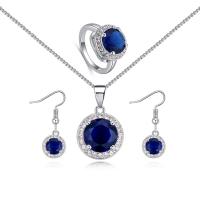 Cubic Zirconia Zinc Alloy Jewelry Sets, finger ring & earring & necklace, with Cubic Zirconia & Rhinestone, silver color plated, three pieces & snake chain & for woman, blue, 15.7inchuff0c13.5mm 