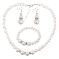 Cubic Zirconia Zinc Alloy Jewelry Sets, bracelet & earring & necklace, with Cubic Zirconia & Plastic Pearl, silver color plated, three pieces & for woman, white, 15.7inch,7inch 