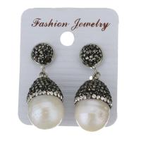 Rhinestone Clay Pave Drop Earring, with rubber earnut & Freshwater Pearl, for woman, black, 37mm 
