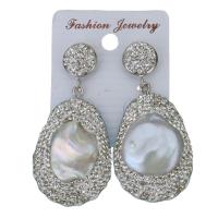 Rhinestone Clay Pave Drop Earring, with rubber earnut & White Shell, for woman, white, 55mm 