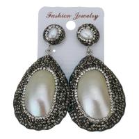 Rhinestone Clay Pave Drop Earring, with rubber earnut & Freshwater Pearl, for woman, black, 66mm 
