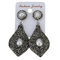 Rhinestone Clay Pave Drop Earring, with rubber earnut & Freshwater Pearl, for woman, black, 63mm 