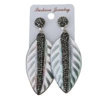 Rhinestone Clay Pave Drop Earring, with rubber earnut & Shell, Leaf, for woman, 69mm 