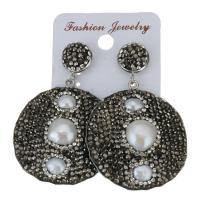 Rhinestone Clay Pave Drop Earring, with rubber earnut & Freshwater Pearl, for woman, black, 54mm 