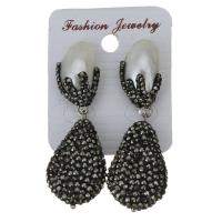 Rhinestone Clay Pave Drop Earring, with rubber earnut & Freshwater Pearl, for woman, black, 55mm 