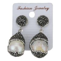 Rhinestone Clay Pave Drop Earring, with rubber earnut & Freshwater Pearl, for woman, black, 43mm 