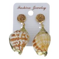 Rhinestone Clay Pave Drop Earring, with rubber earnut & Shell, Shell, for woman, gold, 49mm 