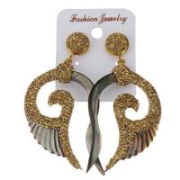 Rhinestone Clay Pave Drop Earring, with rubber earnut & Shell, for woman, gold, 74mm 