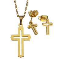 Fashion Stainless Steel Jewelry Sets, Stud Earring & necklace, Crucifix Cross, oval chain & for woman, gold 1.5mm Approx 19 Inch 