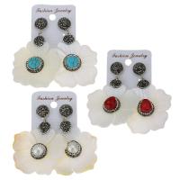Rhinestone Clay Pave Drop Earring, with rubber earnut & Gemstone & White Shell, Flower, for woman 64mm 