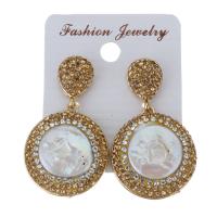 Rhinestone Clay Pave Drop Earring, with Freshwater Pearl, Flat Round, for woman, gold, 41mm 