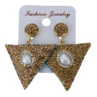 Rhinestone Clay Pave Drop Earring, with rubber earnut & Freshwater Pearl, Triangle, for woman, gold, 47mm 