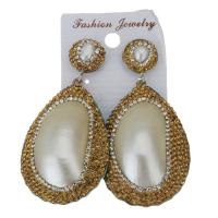 Rhinestone Clay Pave Drop Earring, with rubber earnut & Freshwater Pearl, Teardrop, for woman, gold, 65mm 
