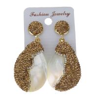 Rhinestone Clay Pave Drop Earring, with rubber earnut & White Shell, Teardrop, for woman, gold, 55mm 