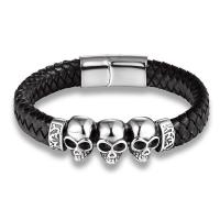 PU Leather Cord Bracelets, with Stainless Steel, stainless steel magnetic clasp, Skull, plated, punk style & Unisex black 