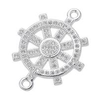 Cubic Zirconia Micro Pave Brass Connector, with Cubic Zirconia, Ship Wheel, platinum color plated, micro pave cubic zirconia, 28*19mm 