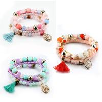 Zinc Alloy Wrap Bracelet, with Gemstone & Nylon Cord, plated, multilayer & Bohemian style & for woman 60mm 