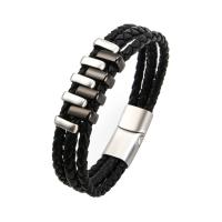 PU Leather Cord Bracelets, Stainless Steel, with PU Leather, plated, fashion jewelry & for man, black 