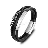 PU Leather Cord Bracelets, Titanium Steel, with PU Leather, silver color plated, fashion jewelry & for man, black 