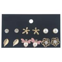 Zinc Alloy Stud Earring Set, with Plastic Pearl, plated, 6 pieces & for woman & enamel & with rhinestone, 6mm,8mm,12mm,13mm, 6/Set 
