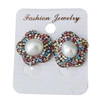 Rhinestone Clay Pave Stud Earring, with rubber earnut & Freshwater Pearl, Flower, for woman 