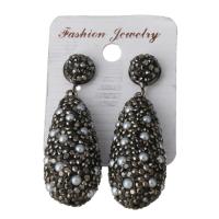 Rhinestone Clay Pave Drop Earring, with rubber earnut & Glass Pearl, for woman, black 48.5mm 