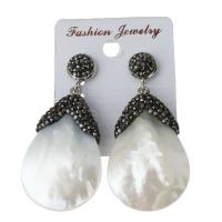 Rhinestone Clay Pave Drop Earring, with rubber earnut & White Shell, Teardrop, for woman 51mm 