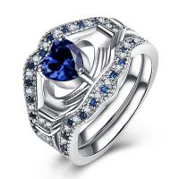 En alliage de zinc Bague, bague, anneau, avec pierre gemme, Placage de couleur argentée, trois pièces & normes différentes pour le choix & pour femme & creux, couleur bleu foncé, Vendu par fixé