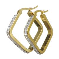 Stainless Steel Lever Back Earring, with Rhinestone Clay Pave, Rhombus, for woman, gold 