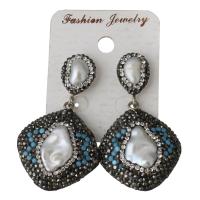 Rhinestone Clay Pave Drop Earring, with rubber earnut & Freshwater Pearl, for woman 50mm 