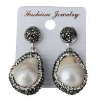 Rhinestone Clay Pave Drop Earring, with rubber earnut & Freshwater Pearl, for woman 39mm 