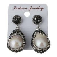 Rhinestone Clay Pave Drop Earring, with rubber earnut & Freshwater Pearl, for woman 39mm 
