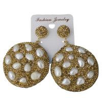Rhinestone Clay Pave Drop Earring, with rubber earnut & Freshwater Pearl, Flat Round, for woman, gold 62.5mm 