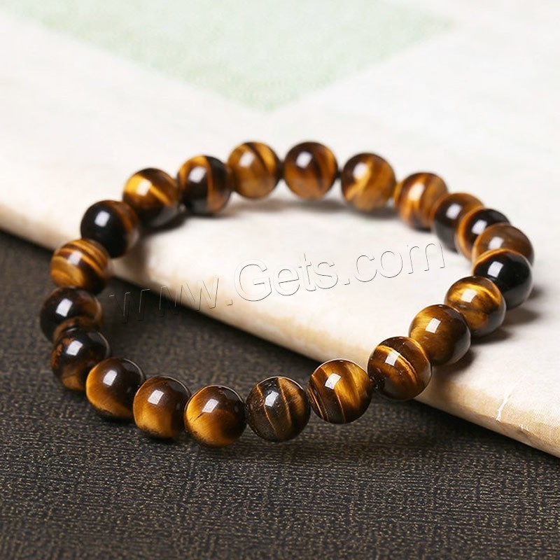 Tiger Eye Stone Bracelets, Round, natural, Unisex & different size for choice, yellow, Length:Approx 7 Inch, Sold By Strand